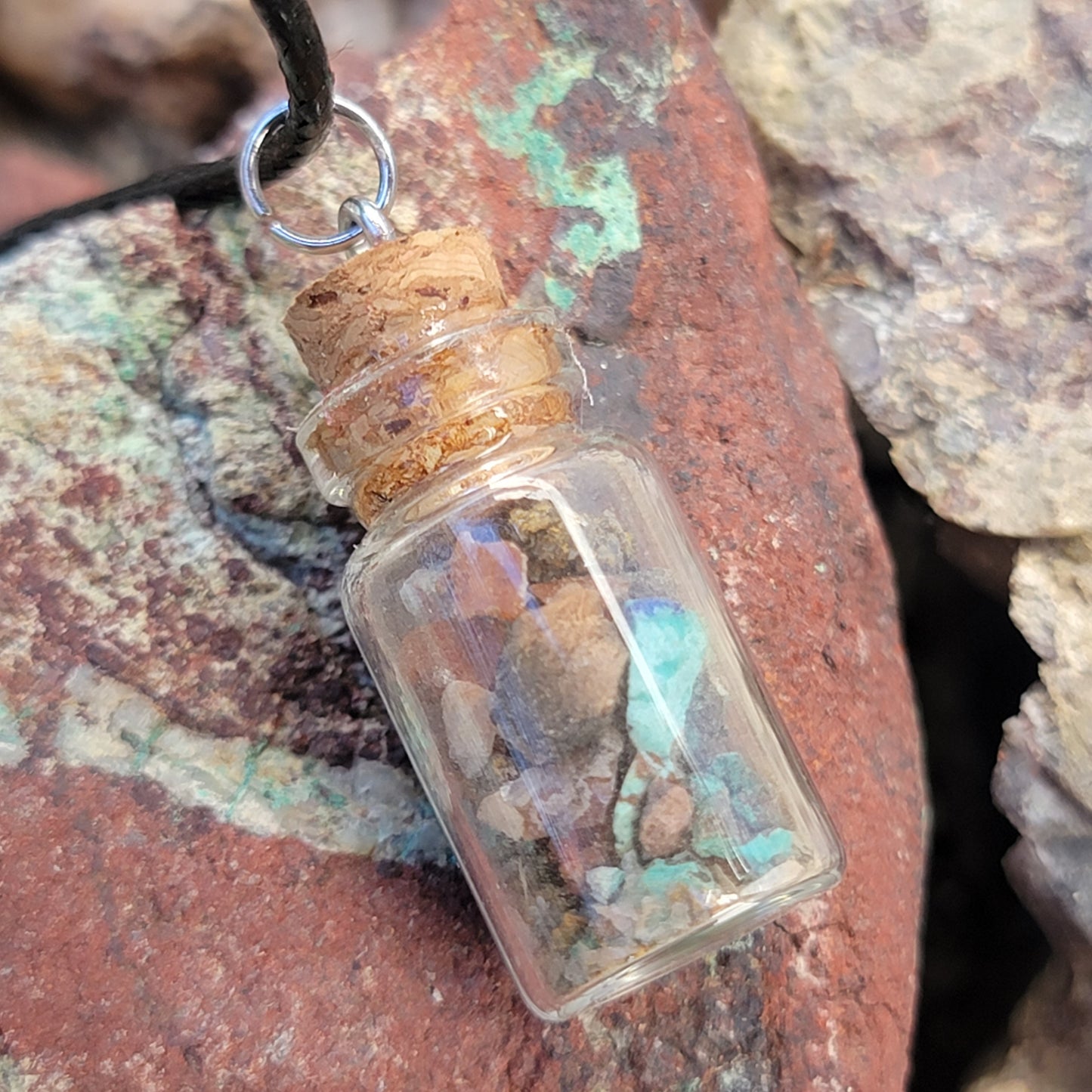 Arizona Desert Crystal Mix Glass Jar Necklace | Raw Stone Jewelry | Rock Pendant | Rockhound Geology Gift | Wulfenite, Chrysocolla, Quartz