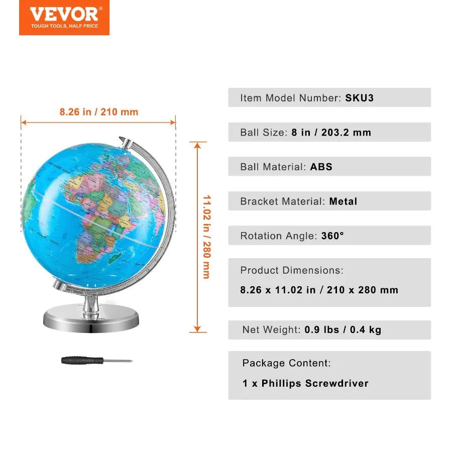 Rotating World Globe with Stand – 8"