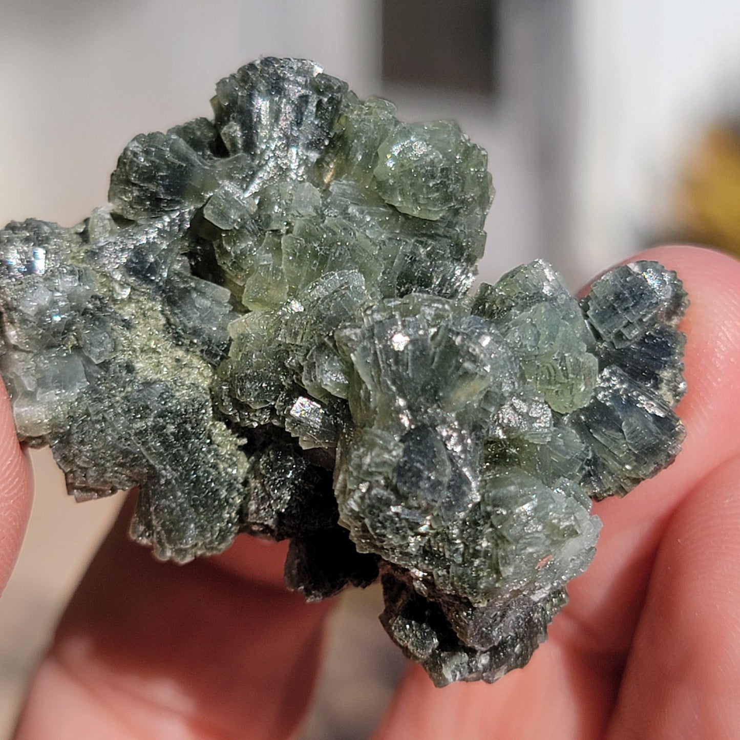 Rough Prehnite Rock Specimen from Boulemane, Imilchil, Morocco, 26.15g, Beautiful Dark and Light Green Bowtie Shaped Crystals