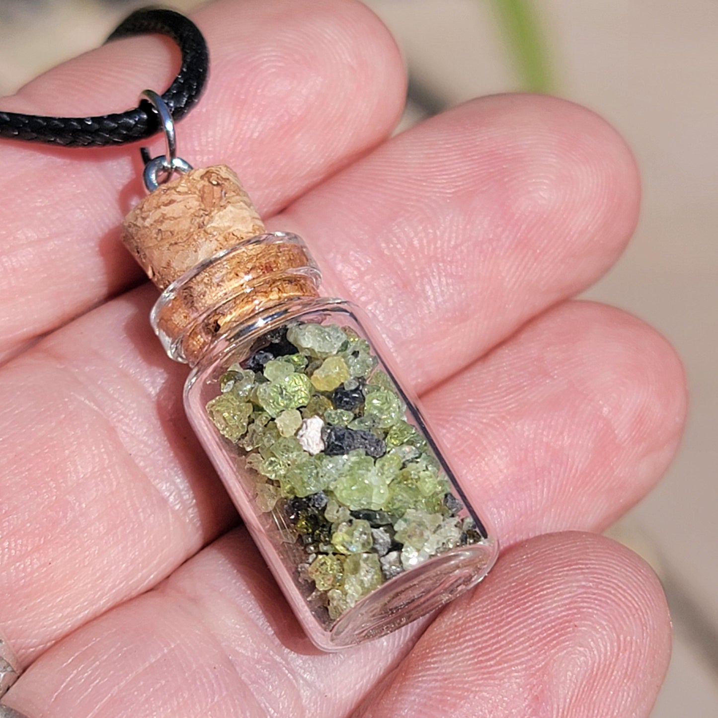 Natural Raw Peridot Necklace | August Birthstone Jewelry | Crystals in a Bottle Pendant | Arizona Gemstone Geology Gift