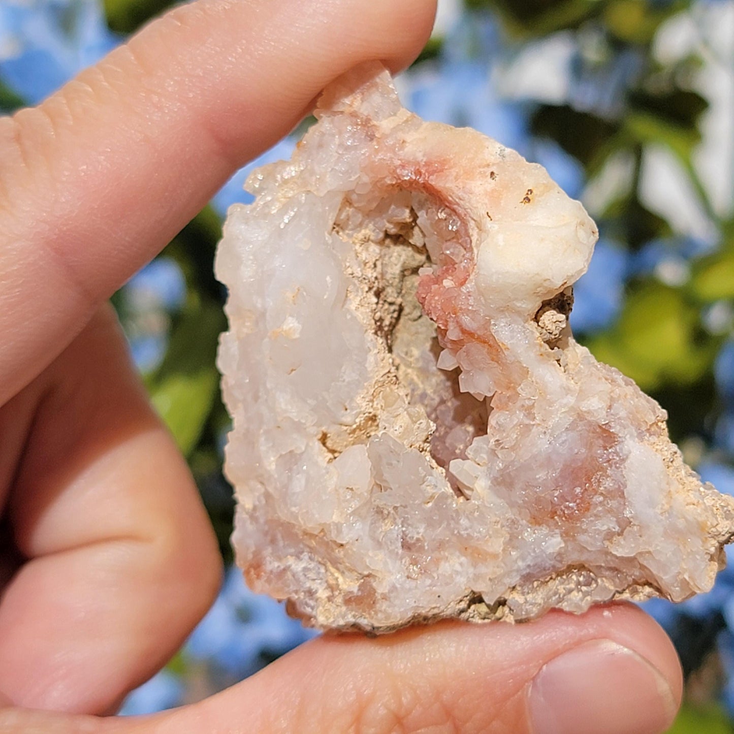 Natural Quartz Geode with Beautiful Crystal Points & Hole | Mule Mountains, California | Pink and White Raw Stone, Display Mineral Specimen