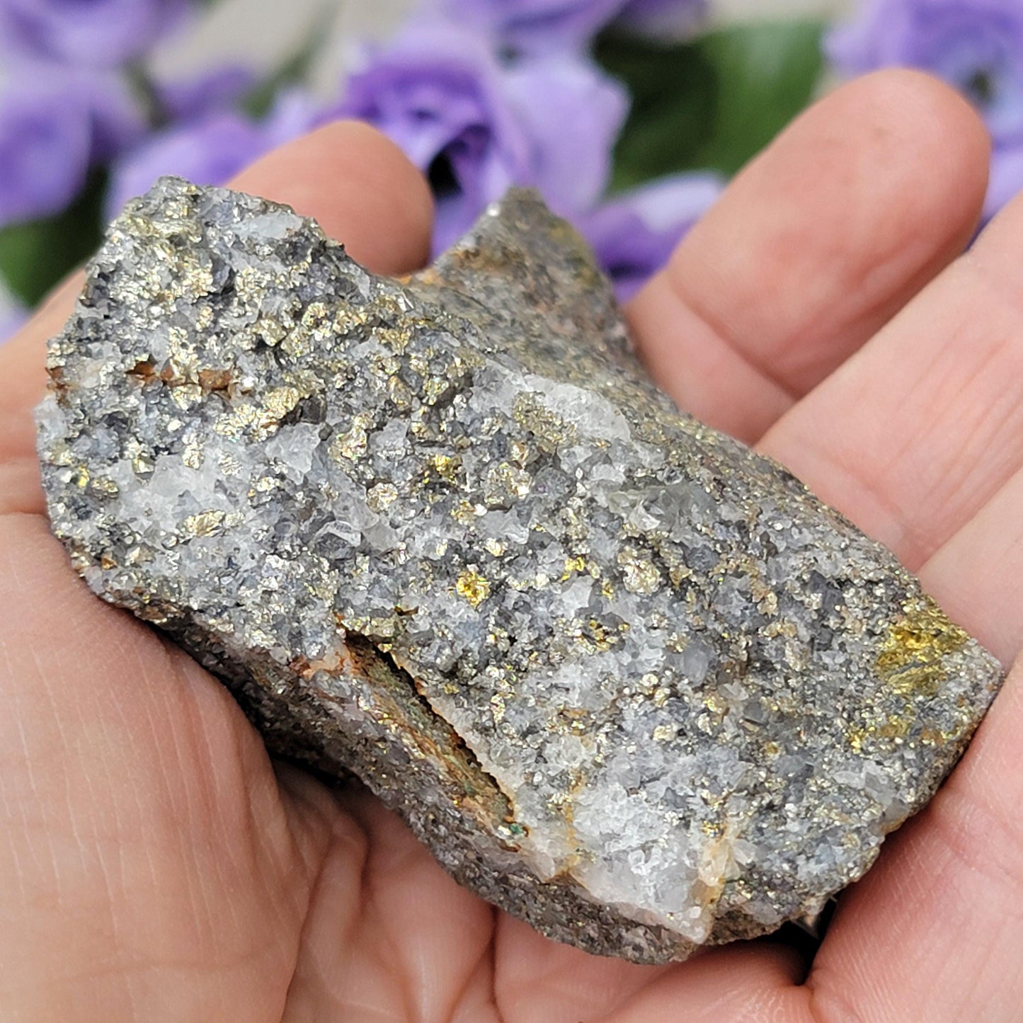 Rough Pyrite Copper Ore Rock Specimen from Morocco 147.68g, with Quartz and Green Oxidation Mineral