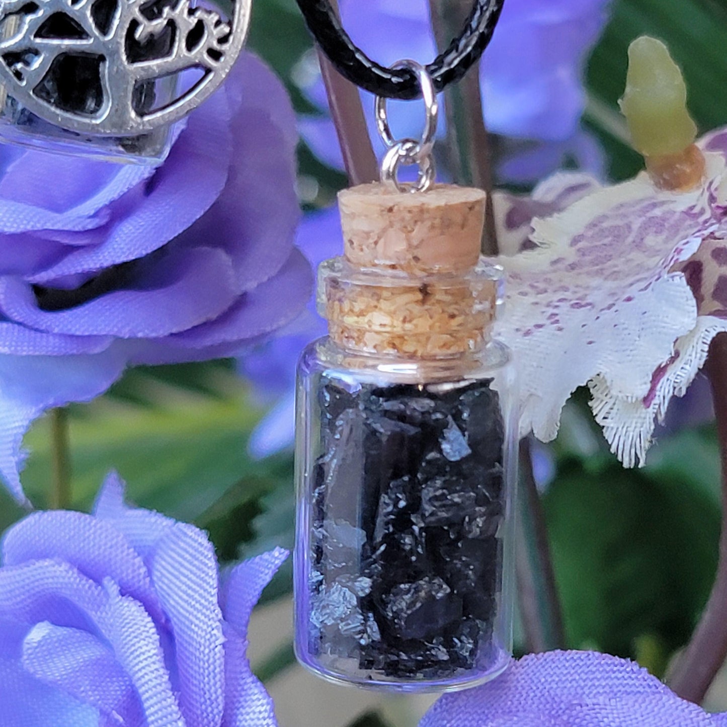 Black Tourmaline Necklace | Schorl Crystals in Bottle | Grounding Pendant with Tree of Life | Natural Rock and Mineral Jewelry