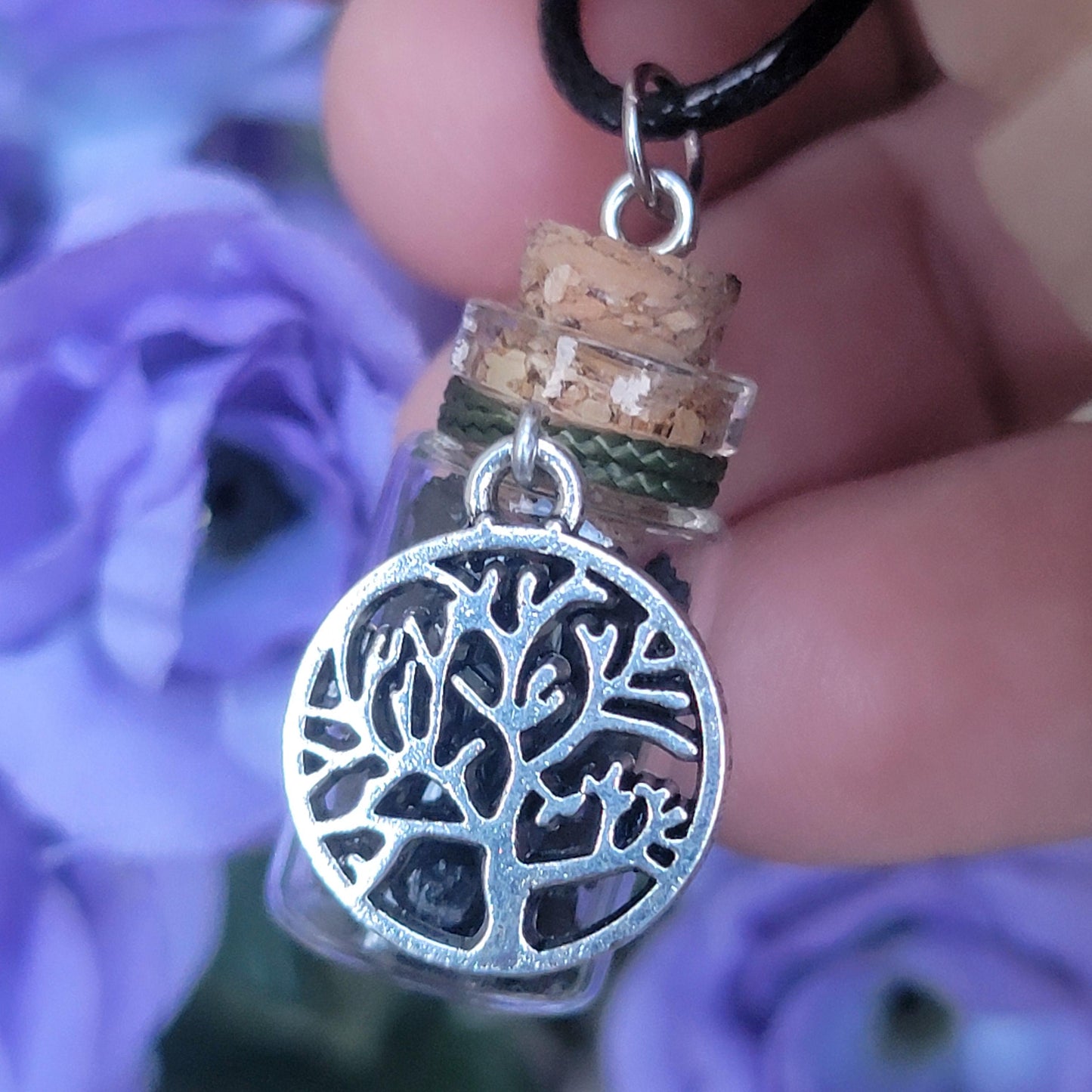 Black Tourmaline Necklace | Schorl Crystals in Bottle | Grounding Pendant with Tree of Life | Natural Rock and Mineral Jewelry