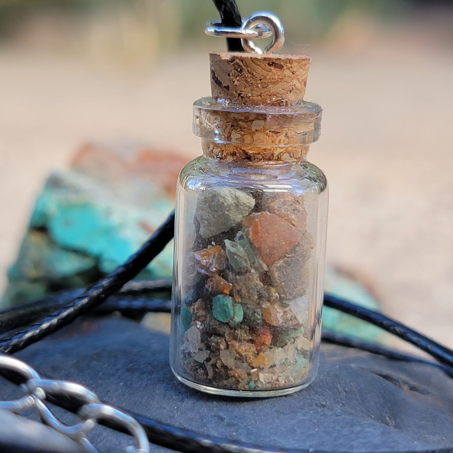 Arizona Desert Crystal Mix Glass Jar Necklace | Raw Stone Jewelry | Rock Pendant | Rockhound Geology Gift | Wulfenite, Chrysocolla, Quartz