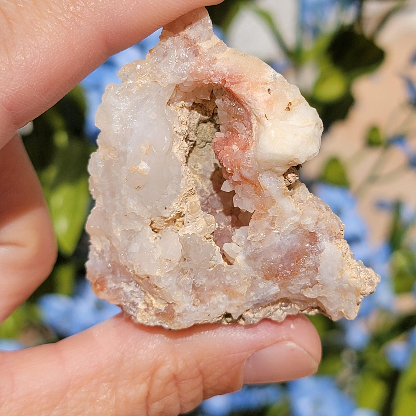 Natural Quartz Geode with Beautiful Crystal Points & Hole | Mule Mountains, California | Pink and White Raw Stone, Display Mineral Specimen