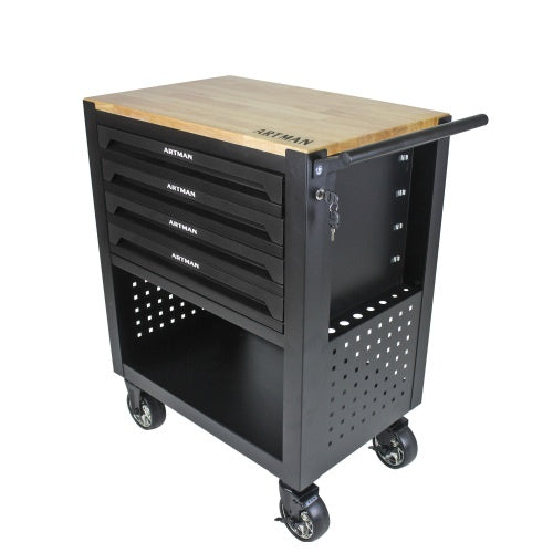 4-Drawer Multifunctional Tool Cart with Wheels & Wooden Top Heavy-Duty Mobile Storage for Tools, Rocks & Lapidary Gear