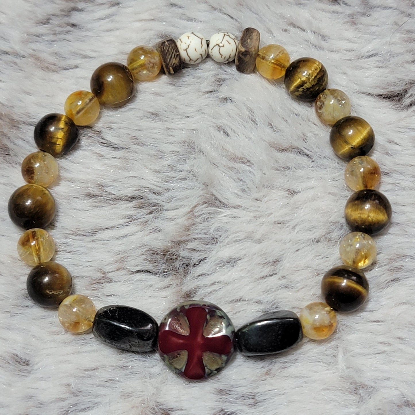 Handmade Tiger’s Eye and Citrine Beaded Bracelet - Red Greek Cross Centerpiece, Hematite, Howlite & Wood Accents - 7.5” Stretch