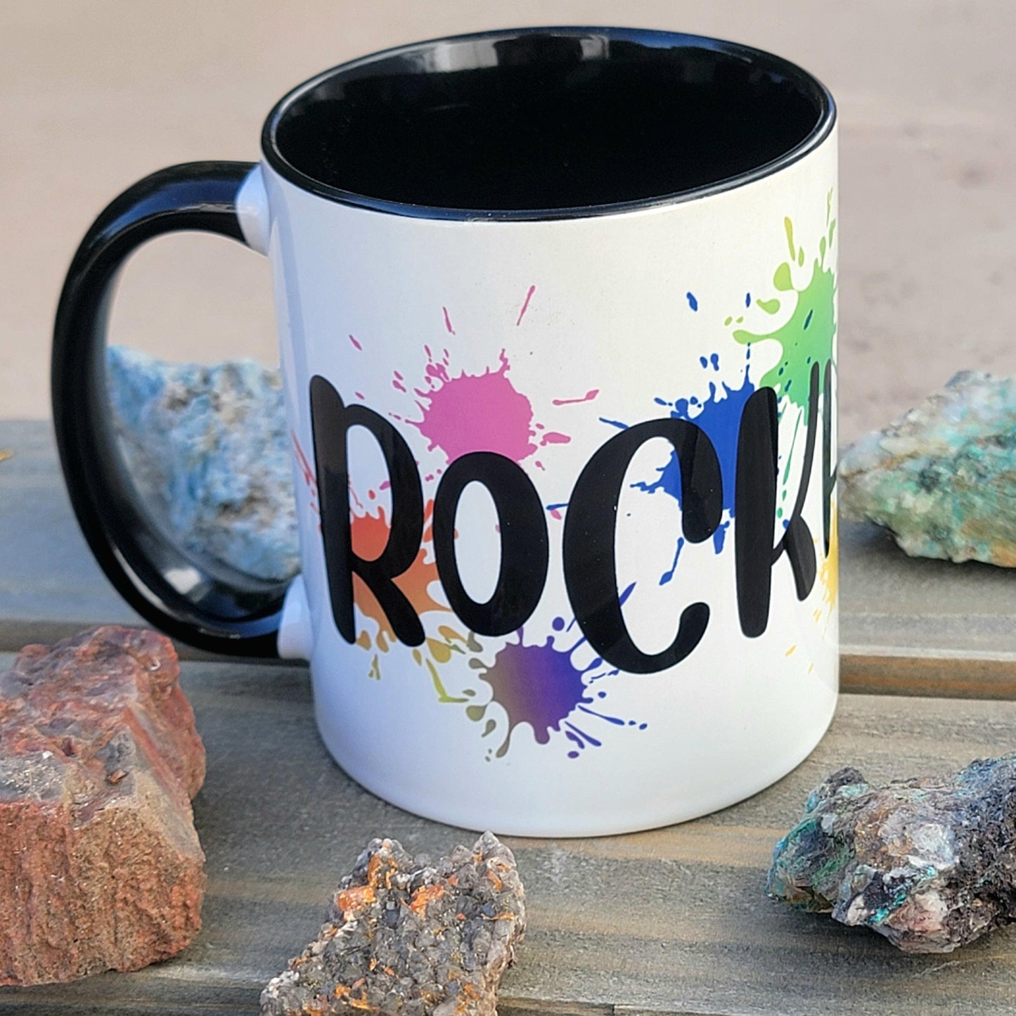 Rockhound Coffee Mug, Colorful Gift for Geologists, Rock Collectors, and Miners, 11 oz, White with Black Inside