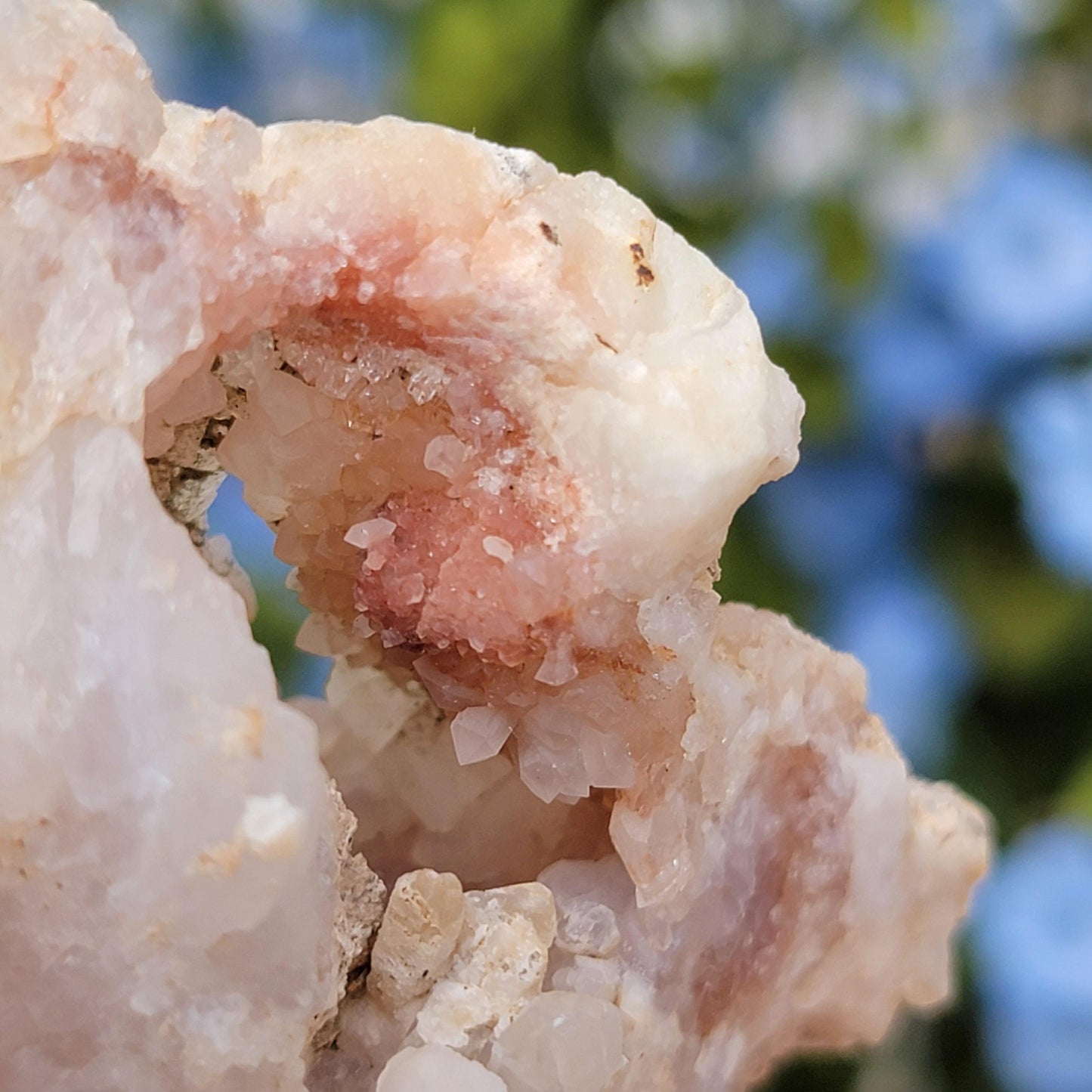 Natural Quartz Geode with Beautiful Crystal Points & Hole | Mule Mountains, California | Pink and White Raw Stone, Display Mineral Specimen
