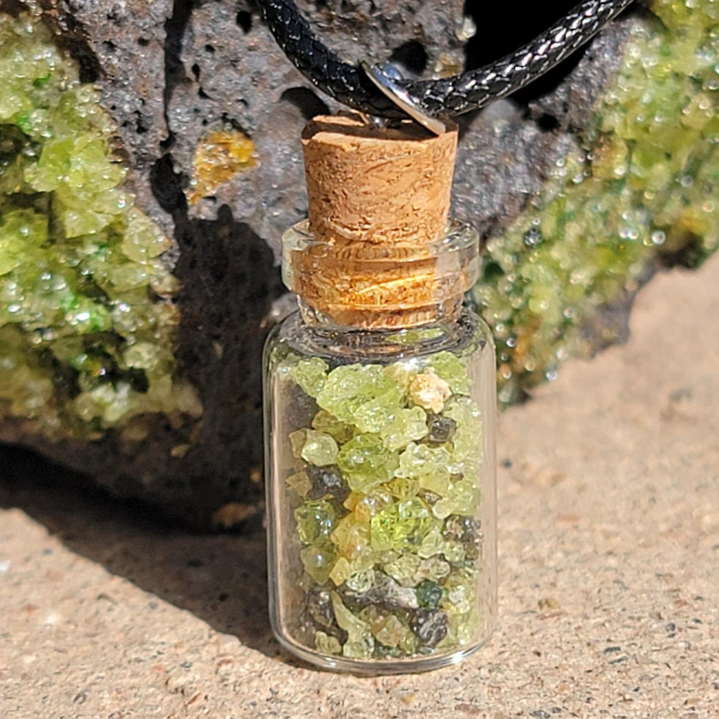 Natural Raw Peridot Necklace | August Birthstone Jewelry | Crystals in a Bottle Pendant | Arizona Gemstone Geology Gift