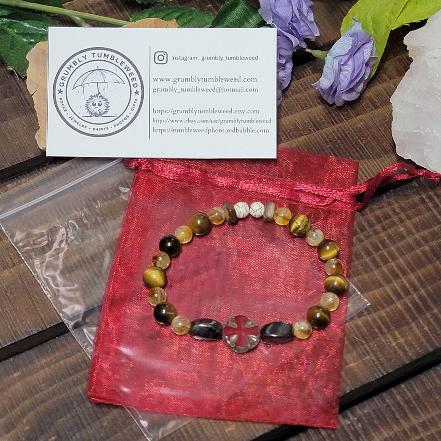 Handmade Tiger’s Eye and Citrine Beaded Bracelet - Red Greek Cross Centerpiece, Hematite, Howlite & Wood Accents - 7.5” Stretch
