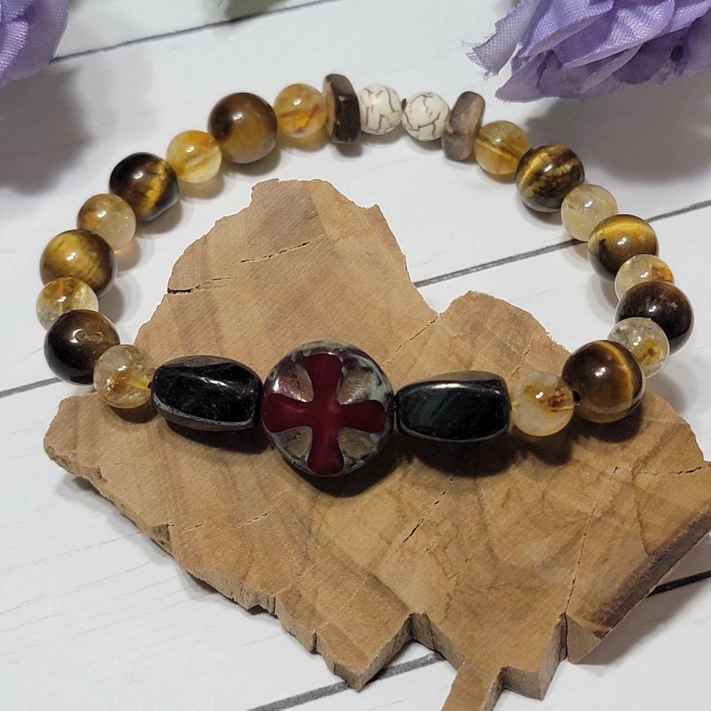 Handmade Tiger’s Eye and Citrine Beaded Bracelet - Red Greek Cross Centerpiece, Hematite, Howlite & Wood Accents - 7.5” Stretch