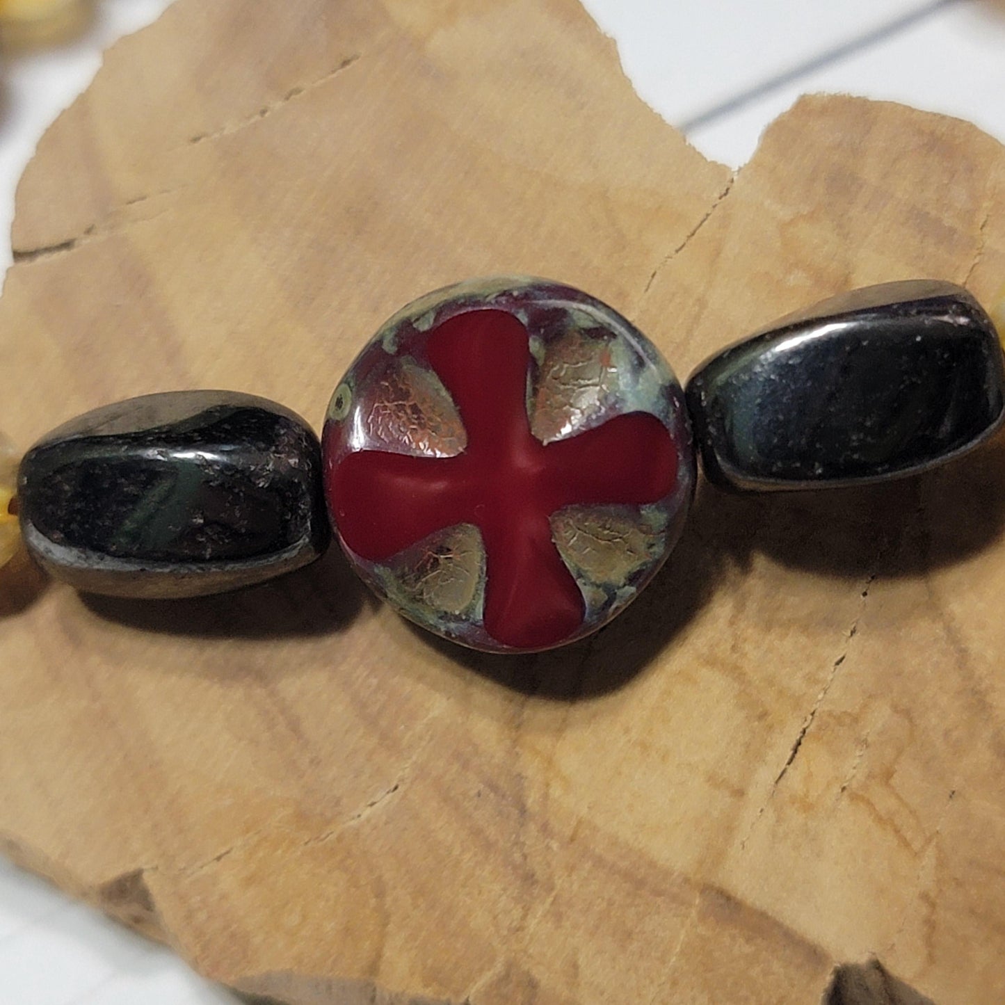 Handmade Tiger’s Eye and Citrine Beaded Bracelet - Red Greek Cross Centerpiece, Hematite, Howlite & Wood Accents - 7.5” Stretch