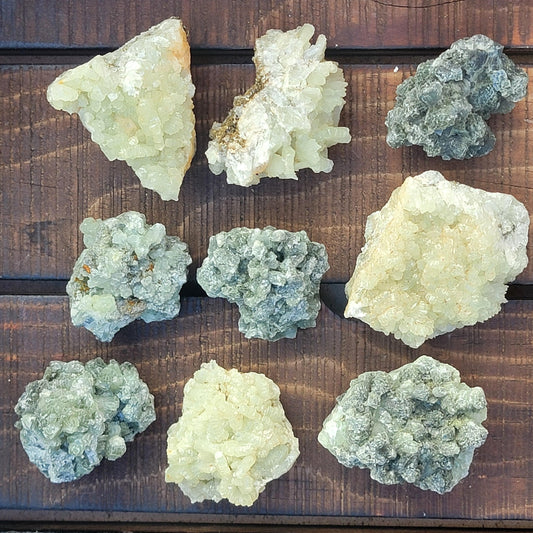Rough Prehnite Mineral Specimens from Boulemane, Imilchil, Morocco - Wholesale Lot 9 Pieces, 439 Grams, Dark Green and Light Green Crystals