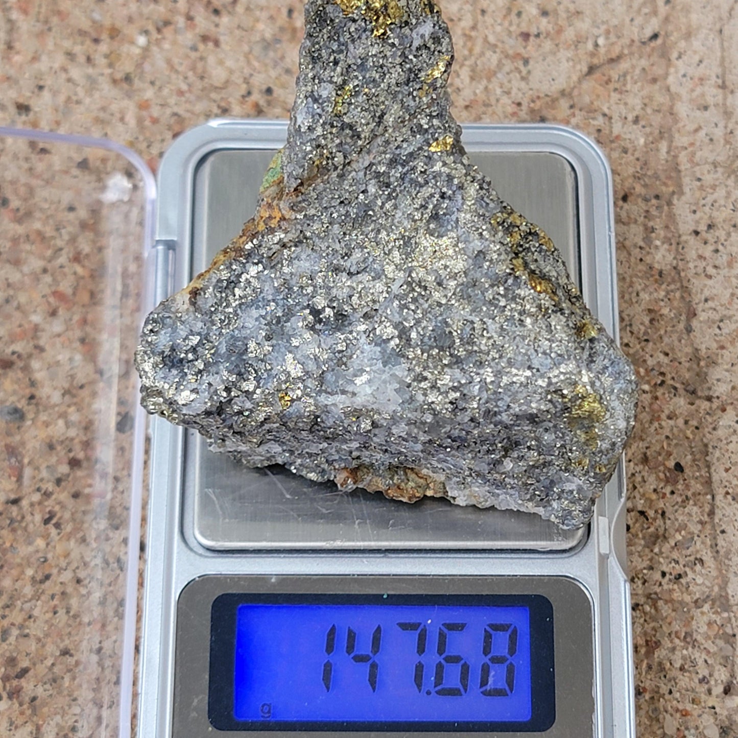 Rough Pyrite Copper Ore Rock Specimen from Morocco 147.68g, with Quartz and Green Oxidation Mineral