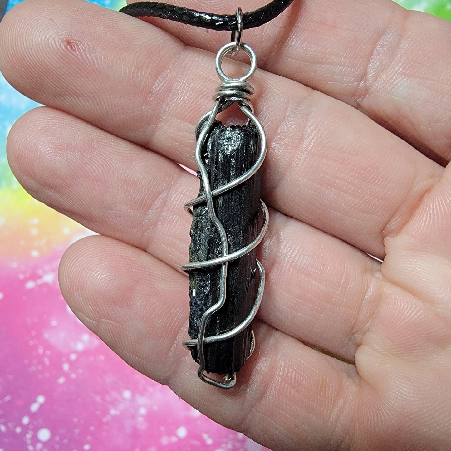 Black Tourmaline Necklace, Raw Stone Wire Wrapped Pendant with Black Cord, Rough Schorl Rock and Mineral Jewelry