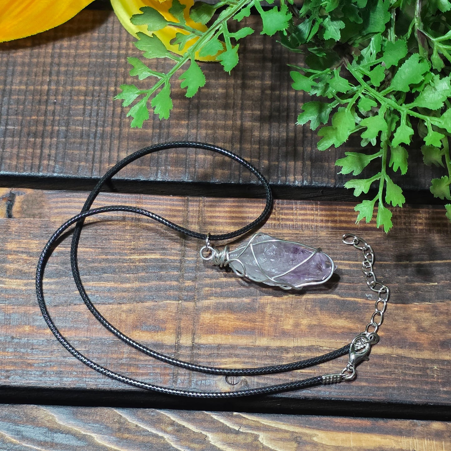 Amethyst Necklace, Crystal Stone Wire Wrapped Pendant with Black Cord, Rough Purple Quartz Rock Jewelry