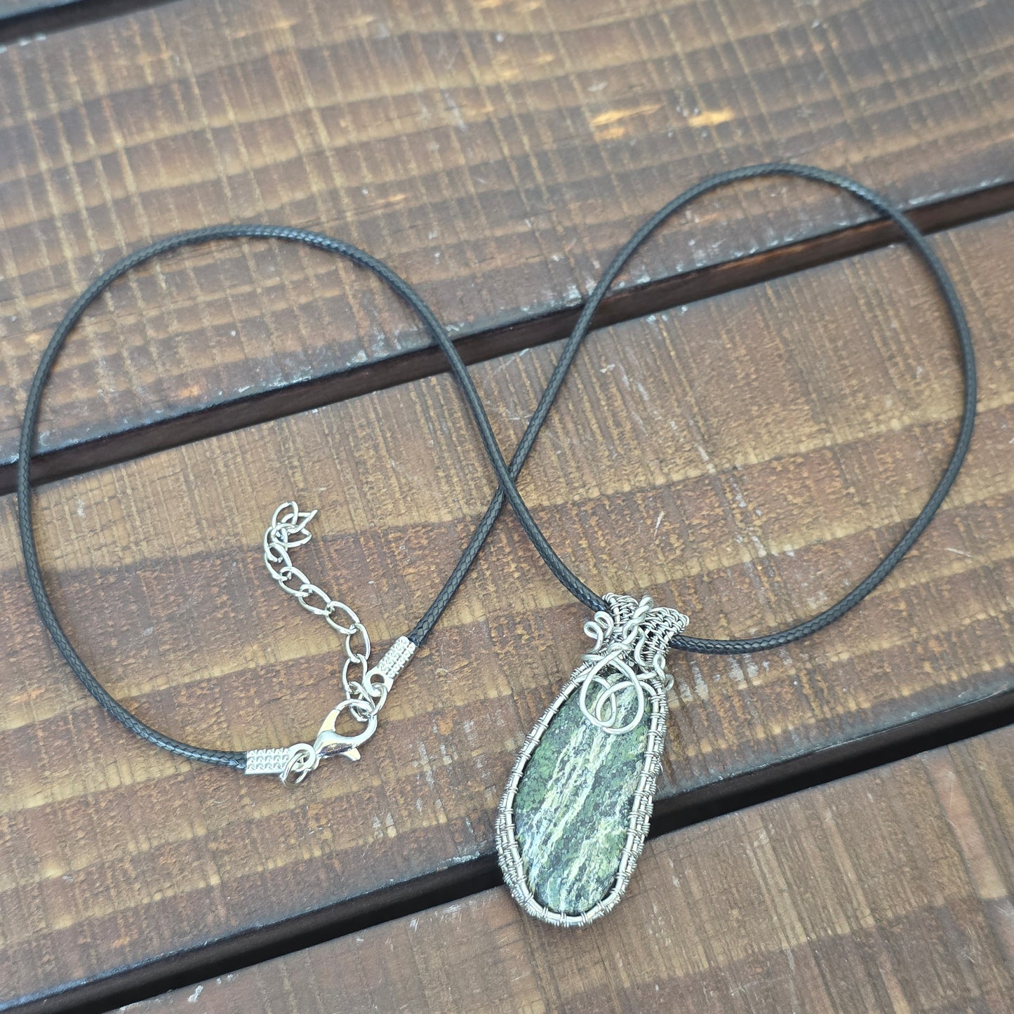 Serpentine Rock Necklace | Wire Wrapped Stone Pendant | Nature Themed Unique Handmade Jewelry