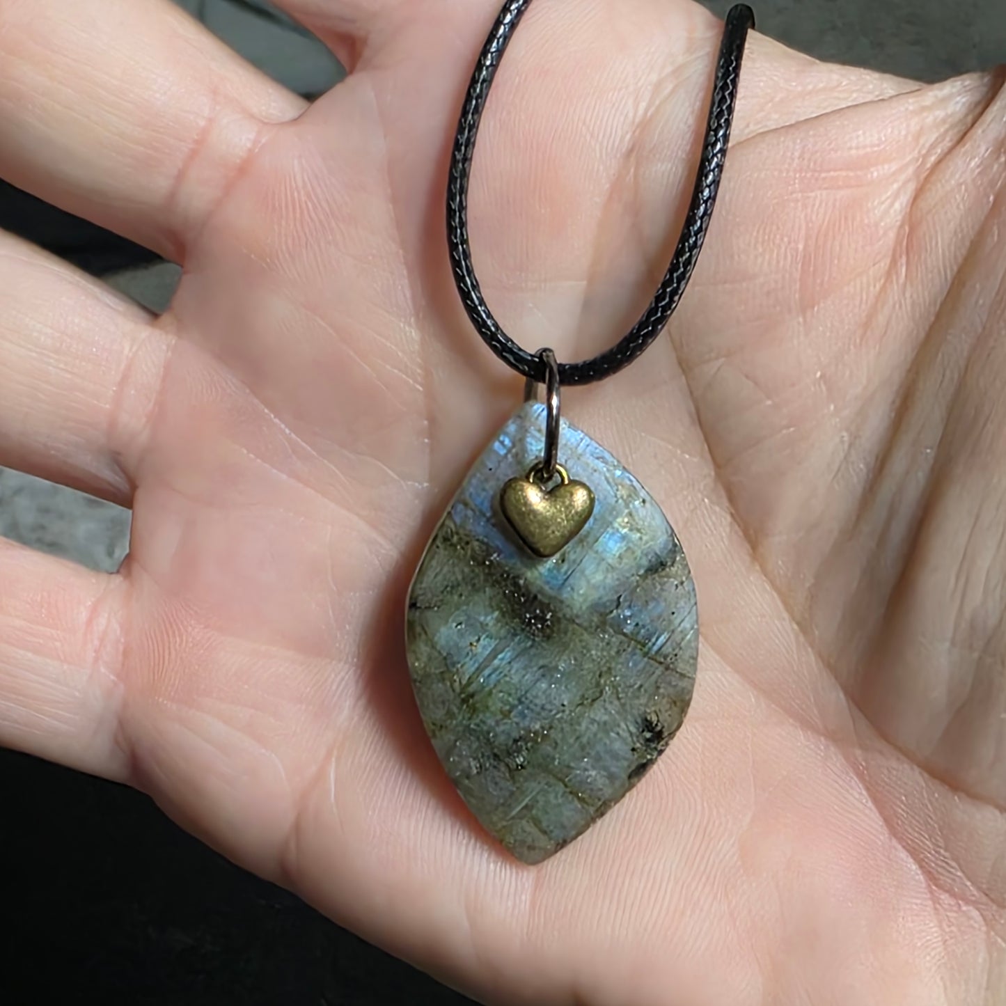 Labradorite Necklace with Dainty Heart Charm Iridescent Gemstone Pendant