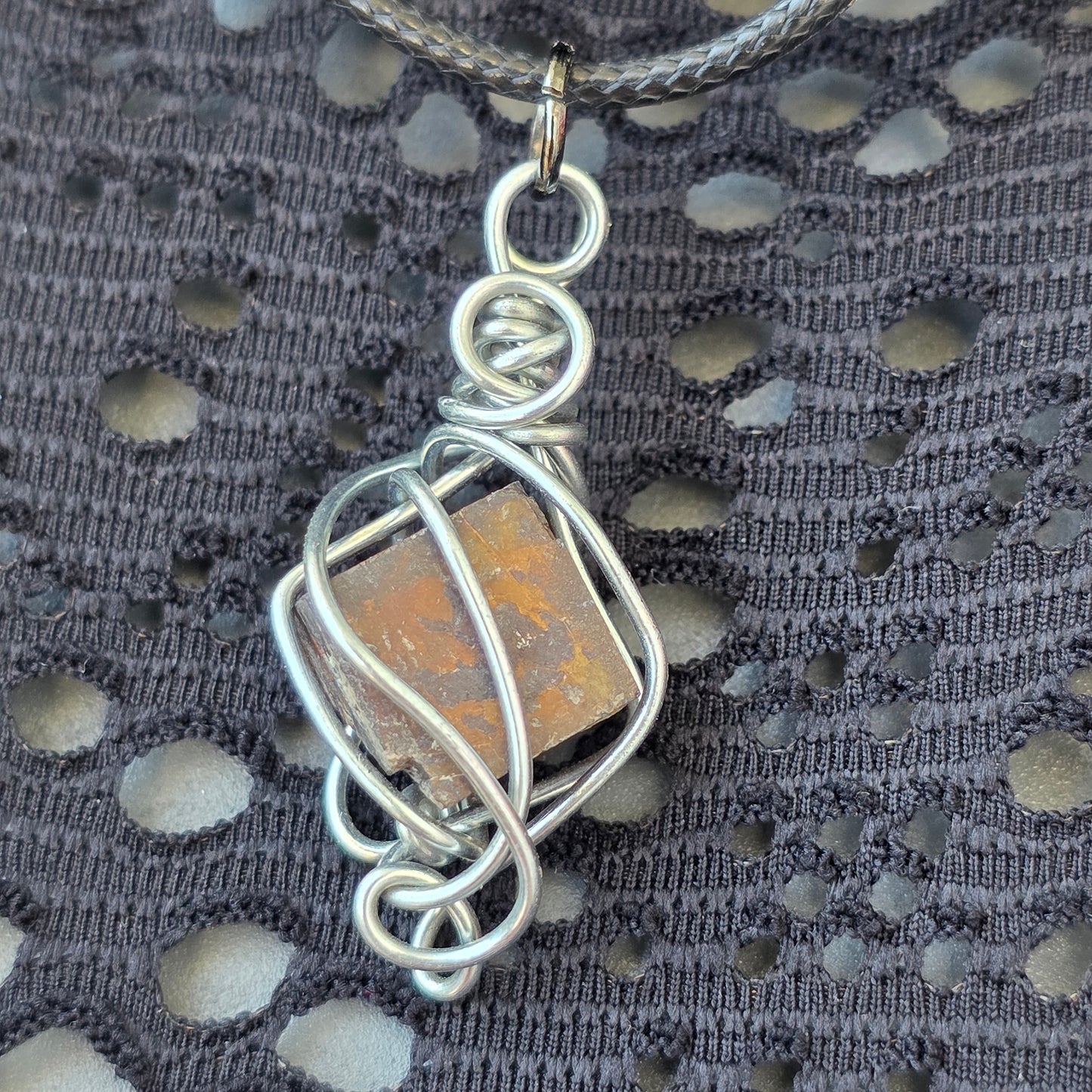 Limonite after Pyrite Necklace, Raw Stone Wire Wrapped Pendant with Black Cord, Pseudomorph Mineral Jewelry