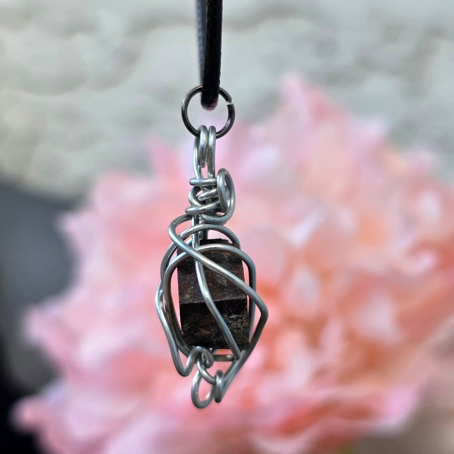 Limonite after Pyrite Necklace, Raw Stone Wire Wrapped Pendant with Black Cord, Pseudomorph Mineral Jewelry