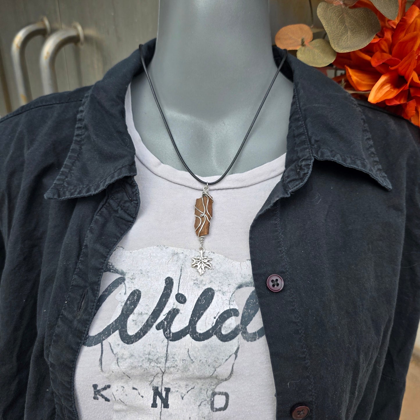 Wire Wrapped Petrified Wood Pendant with Metal Leaf Charm | Unisex Necklace | Nature Lover Gift