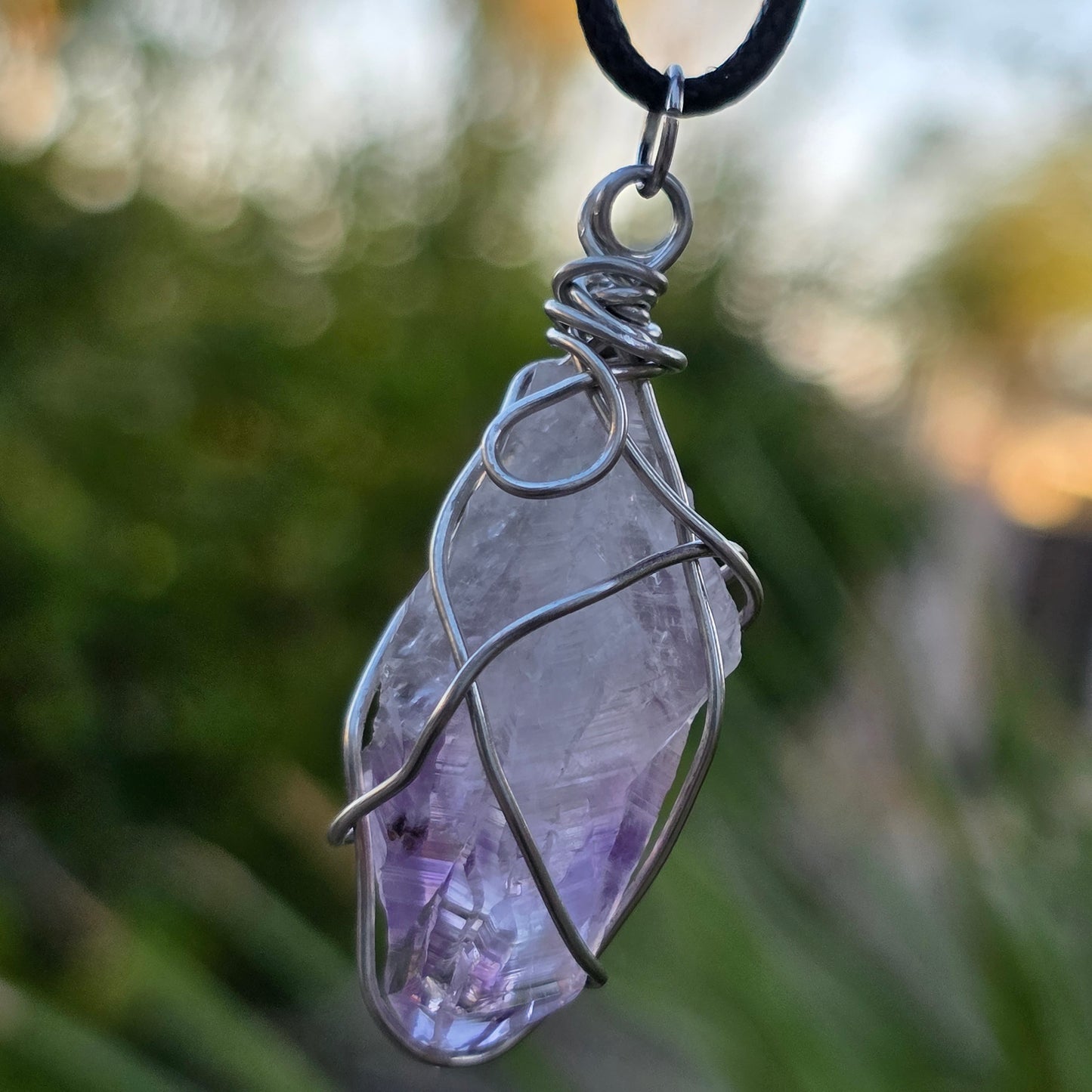 Amethyst Necklace, Crystal Stone Wire Wrapped Pendant with Black Cord, Rough Purple Quartz Rock Jewelry