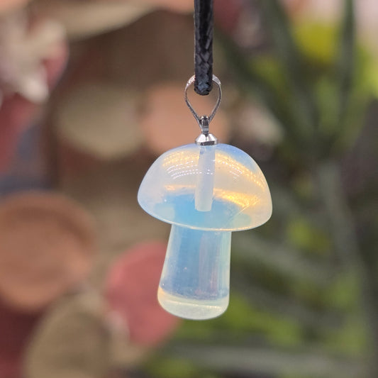 Opalite Mushroom Necklace - Unisex Gemstone Glass Pendant - Whimsical Cottagecore Style Jewelry