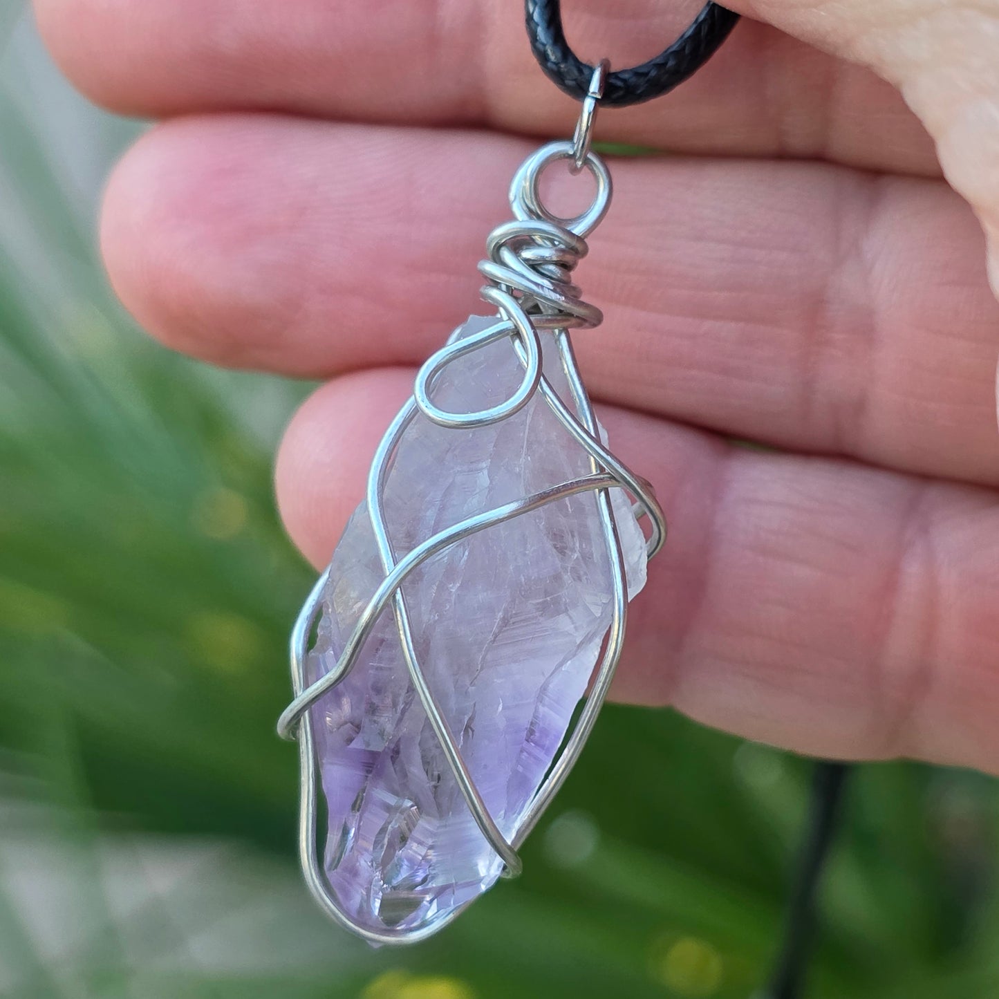 Amethyst Necklace, Crystal Stone Wire Wrapped Pendant with Black Cord, Rough Purple Quartz Rock Jewelry