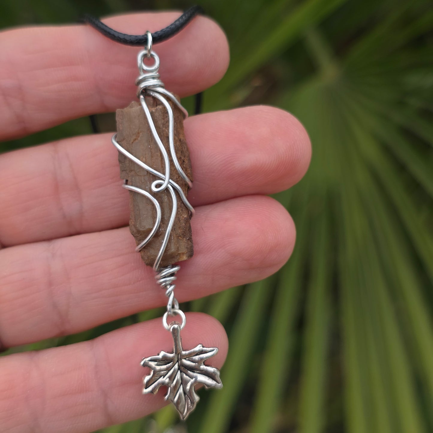 Wire Wrapped Petrified Wood Pendant with Metal Leaf Charm | Unisex Necklace | Nature Lover Gift