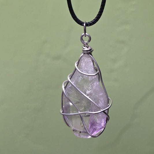 Amethyst Necklace, Crystal Stone Wire Wrapped Pendant with Black Cord, Rough Purple Quartz Rock Jewelry