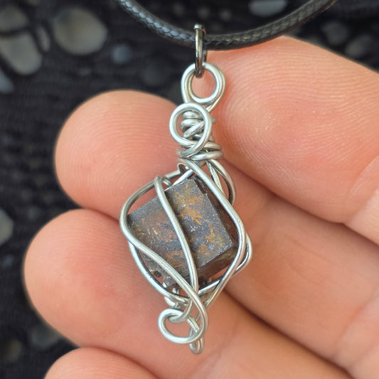 Limonite after Pyrite Necklace, Raw Stone Wire Wrapped Pendant with Black Cord, Pseudomorph Mineral Jewelry