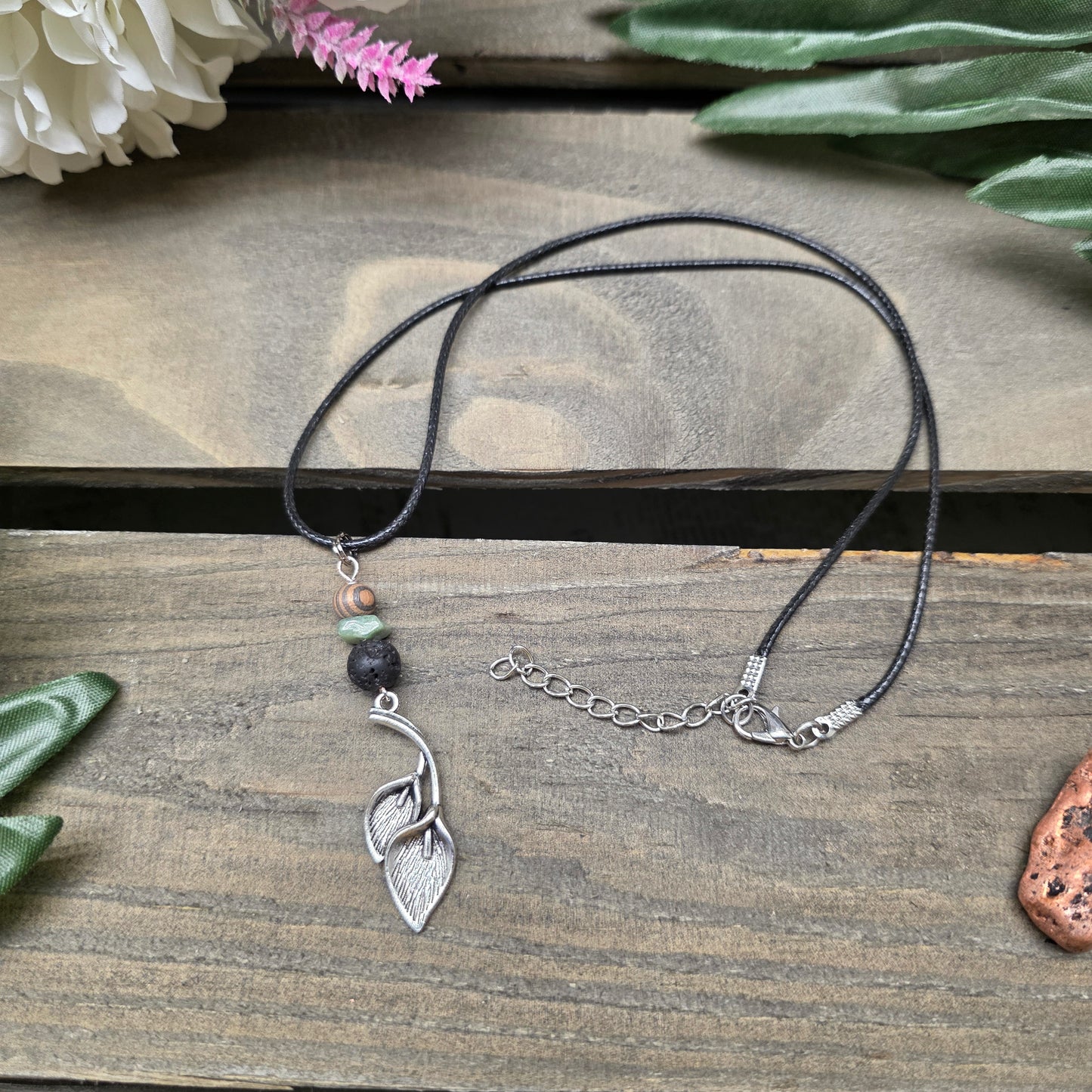 Plant Necklace | Metal Leaf Charm Pendant with Beads | Adventure Jewelry for Nature Lovers