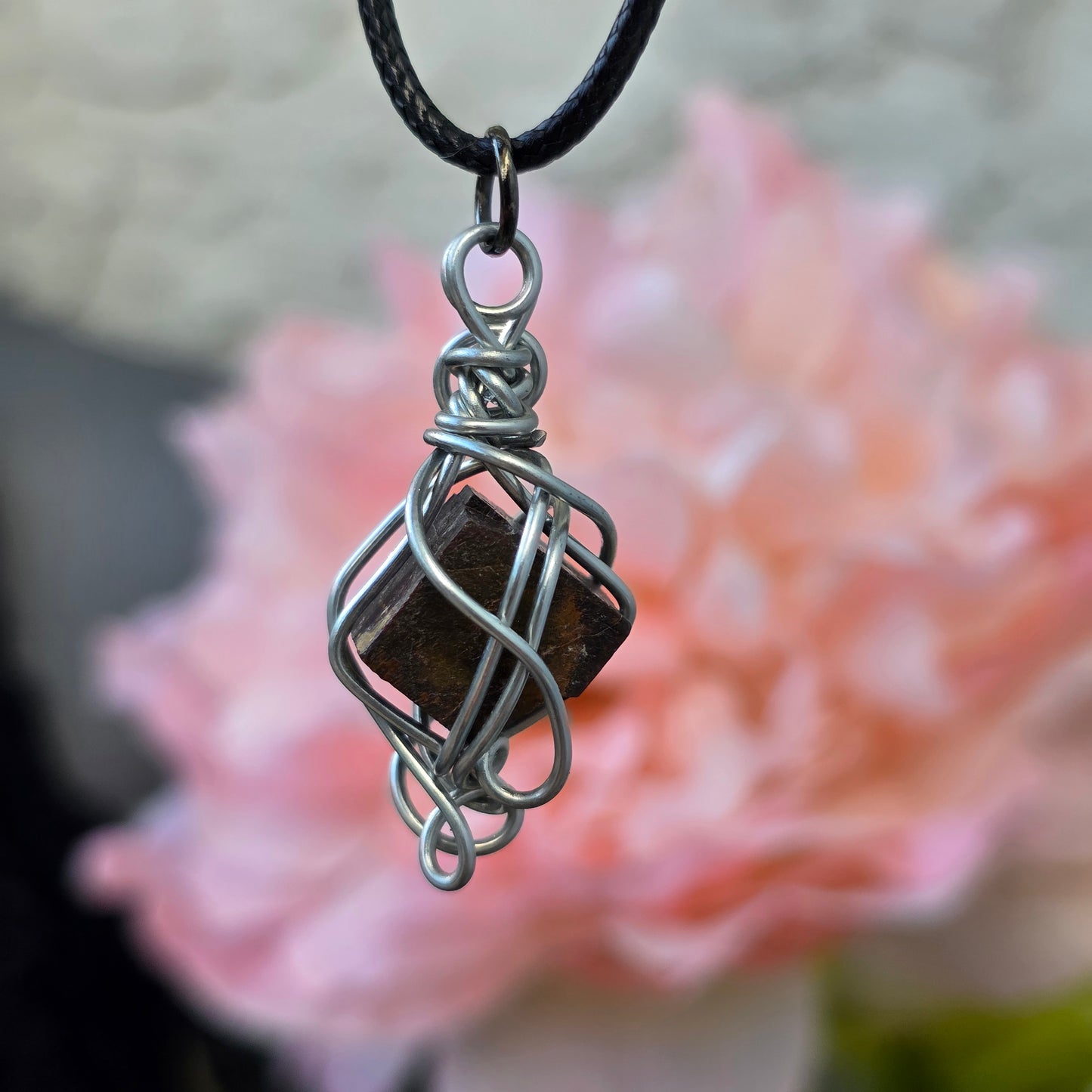 Limonite after Pyrite Necklace, Raw Stone Wire Wrapped Pendant with Black Cord, Pseudomorph Mineral Jewelry