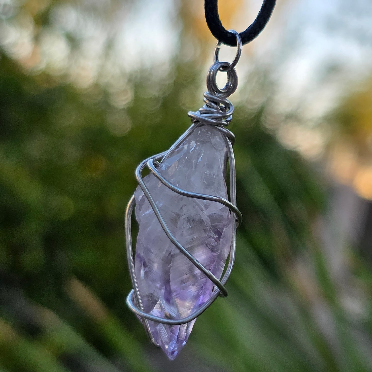 Amethyst Necklace, Crystal Stone Wire Wrapped Pendant with Black Cord, Rough Purple Quartz Rock Jewelry