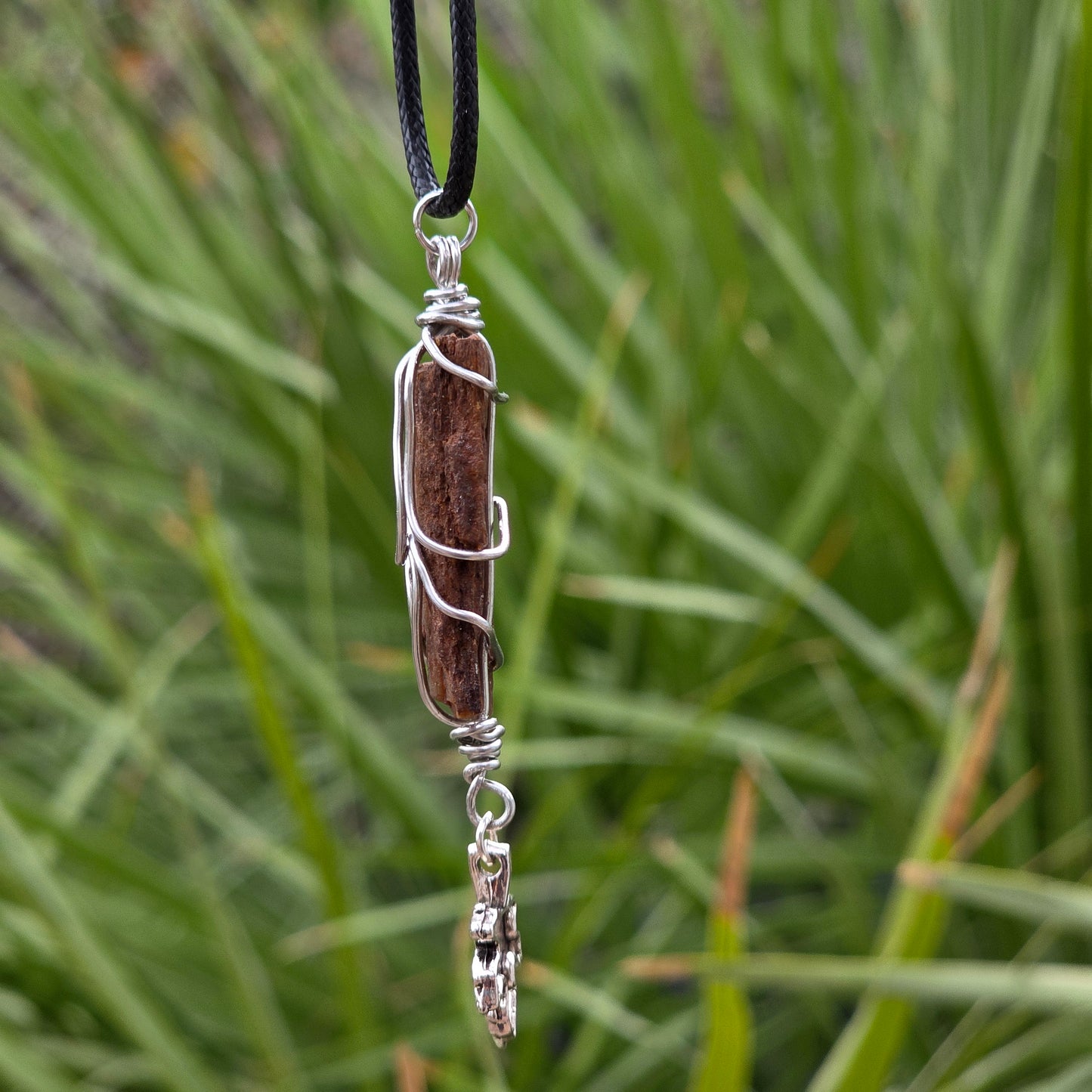 Wire Wrapped Petrified Wood Pendant with Metal Leaf Charm | Unisex Necklace | Nature Lover Gift