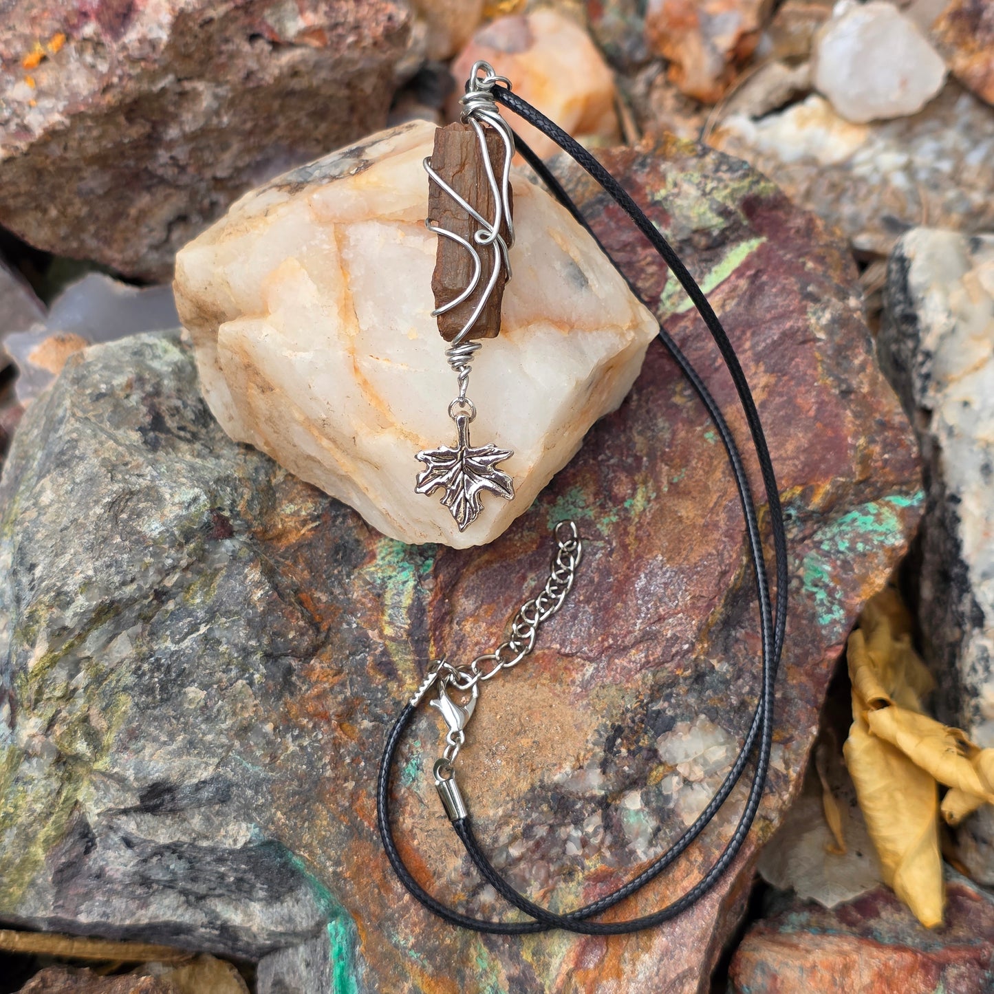 Wire Wrapped Petrified Wood Pendant with Metal Leaf Charm | Unisex Necklace | Nature Lover Gift