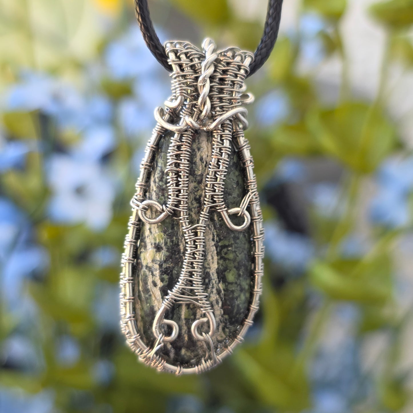 Serpentine Rock Necklace | Wire Wrapped Stone Pendant | Nature Themed Unique Handmade Jewelry