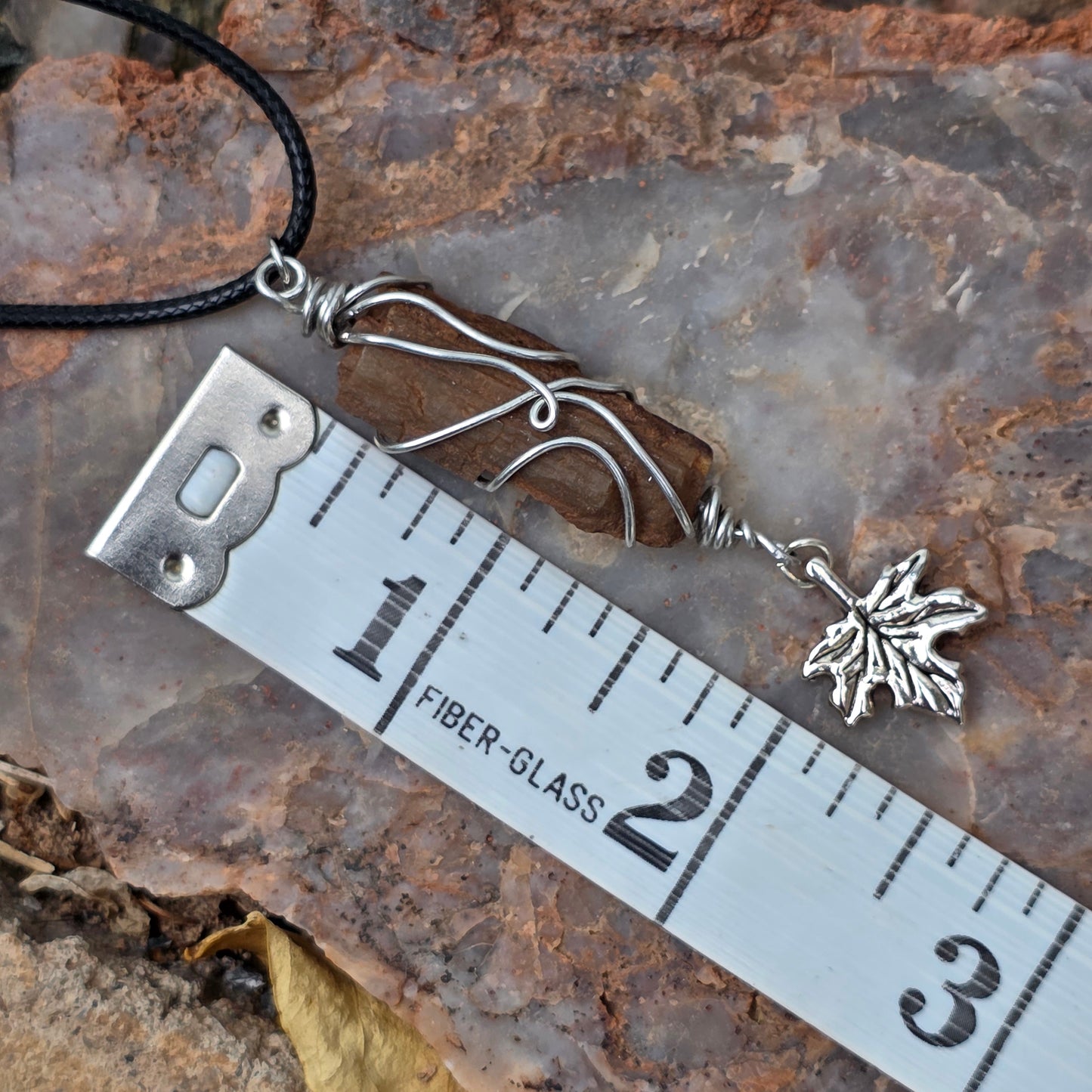 Wire Wrapped Petrified Wood Pendant with Metal Leaf Charm | Unisex Necklace | Nature Lover Gift