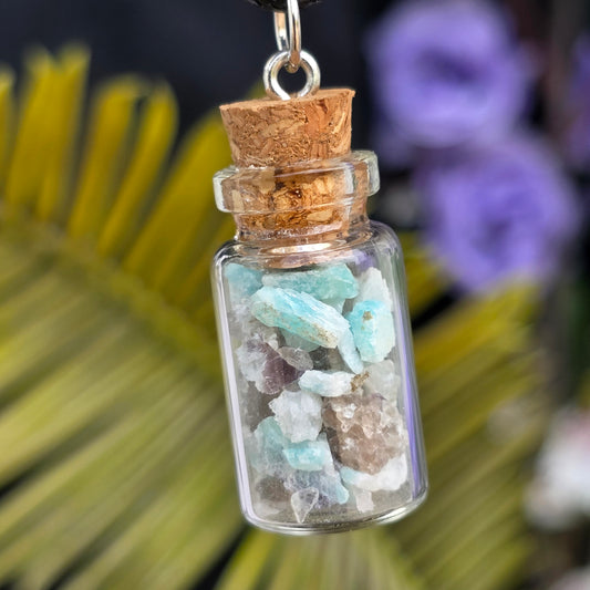 Natural Raw Amazonite and Quartz Necklace | Stone Rock Jewelry | Crystals in a Bottle Pendant |Gemstone Geology Gift