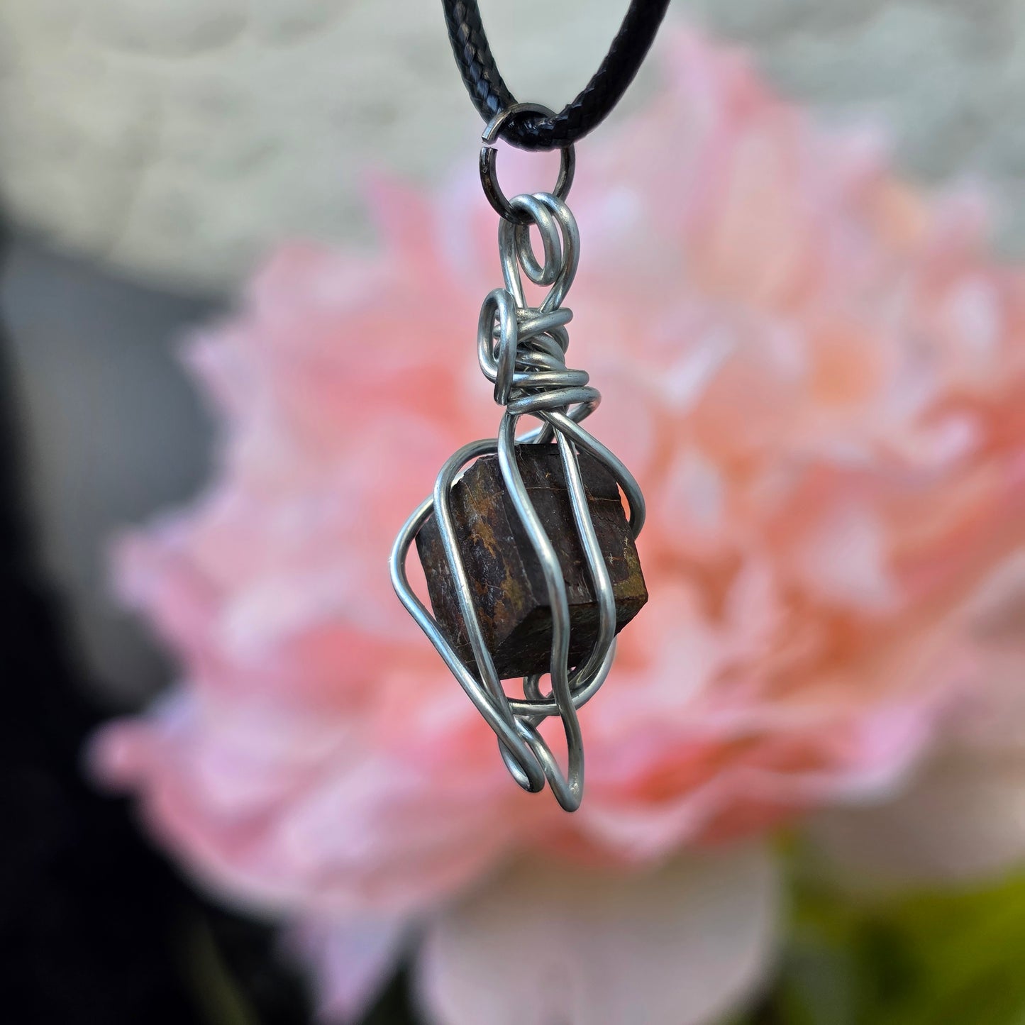 Limonite after Pyrite Necklace, Raw Stone Wire Wrapped Pendant with Black Cord, Pseudomorph Mineral Jewelry