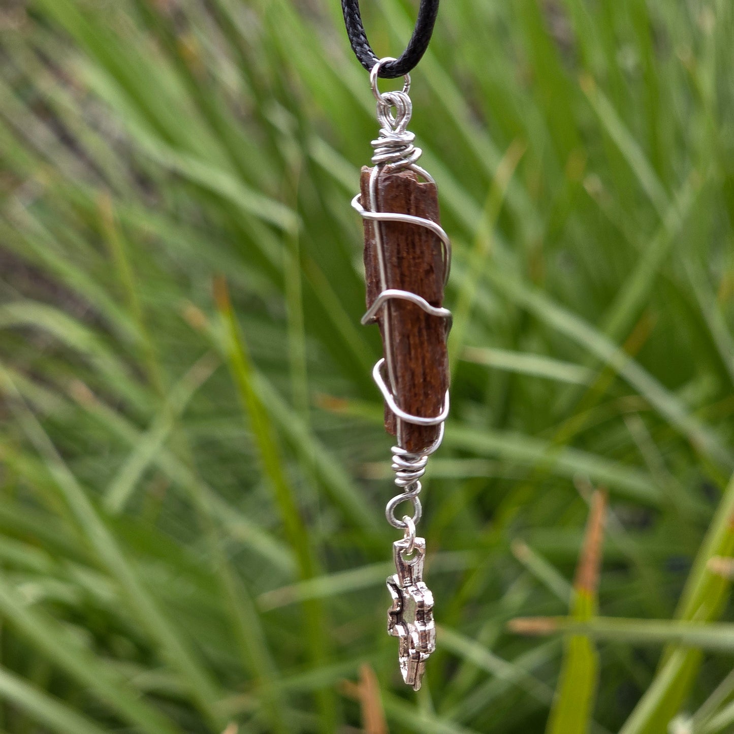 Wire Wrapped Petrified Wood Pendant with Metal Leaf Charm | Unisex Necklace | Nature Lover Gift