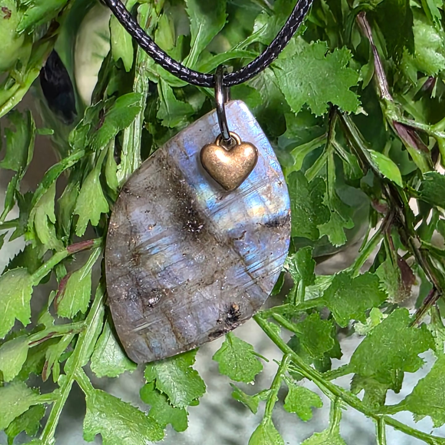 Labradorite Necklace with Dainty Heart Charm Iridescent Gemstone Pendant