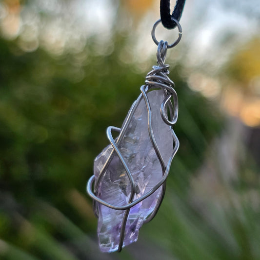Amethyst Necklace, Crystal Stone Wire Wrapped Pendant with Black Cord, Rough Purple Quartz Rock Jewelry