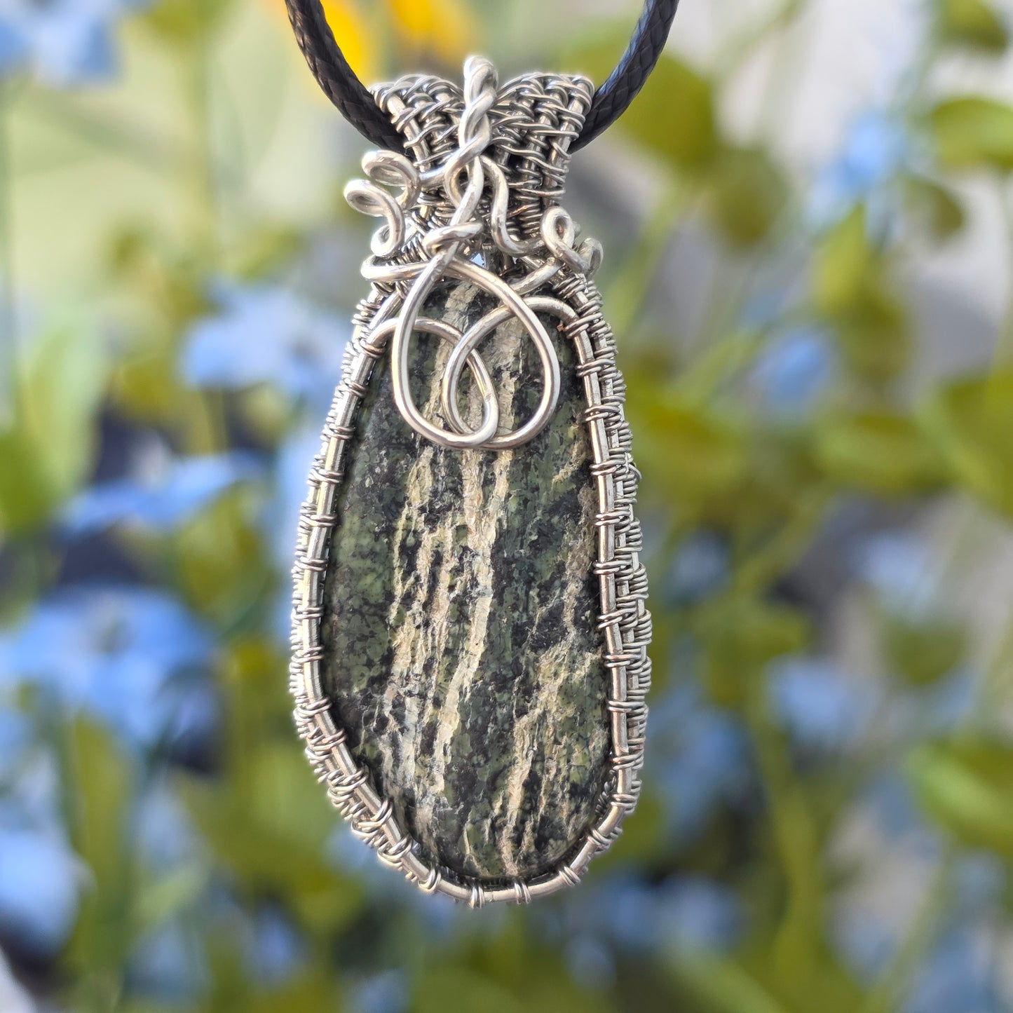 Serpentine Rock Necklace | Wire Wrapped Stone Pendant | Nature Themed Unique Handmade Jewelry