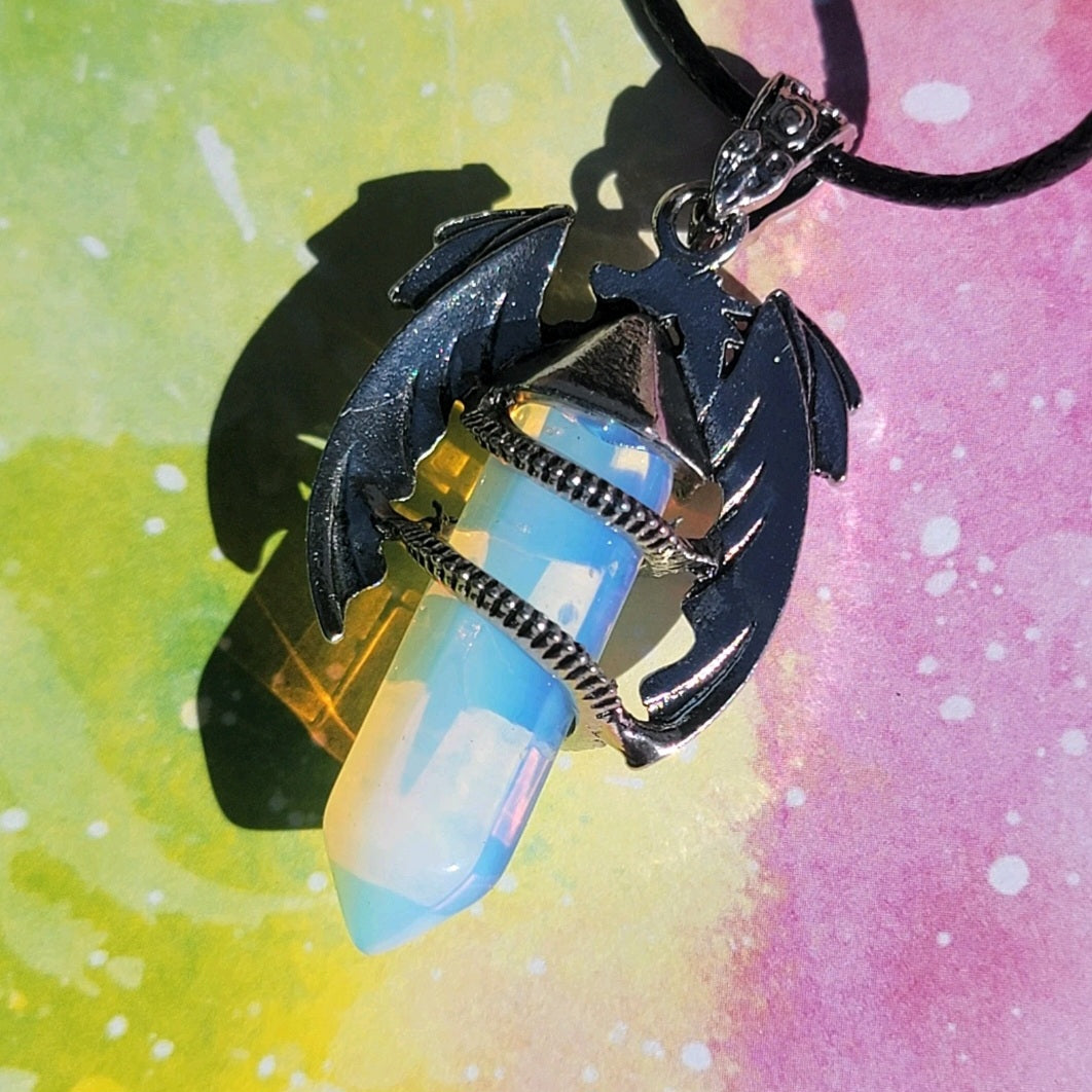 Opalite Dragon Necklace - Unisex Gemstone Glass Pendant - Whimsical Gothic Style Jewelry