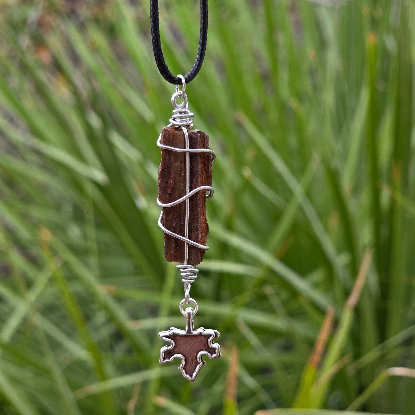 Wire Wrapped Petrified Wood Pendant with Metal Leaf Charm | Unisex Necklace | Nature Lover Gift