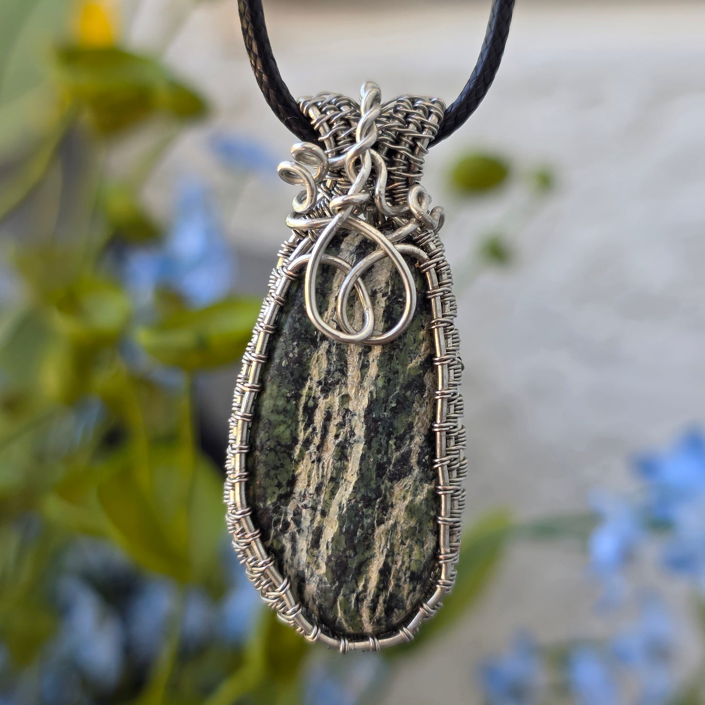 Serpentine Rock Necklace | Wire Wrapped Stone Pendant | Nature Themed Unique Handmade Jewelry