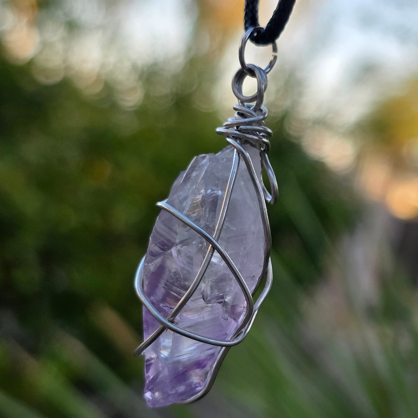 Amethyst Necklace, Crystal Stone Wire Wrapped Pendant with Black Cord, Rough Purple Quartz Rock Jewelry